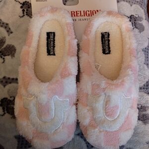 True Religion Pink and White Fuzzy Slippers
